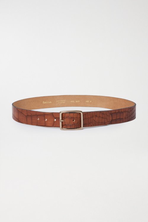 Crocodile effect leather belt with square buckle