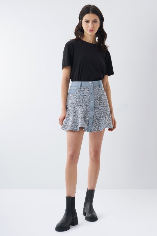 Denim and tweed mix skirt