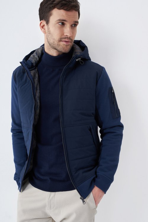 Jacket padded in front, with hood