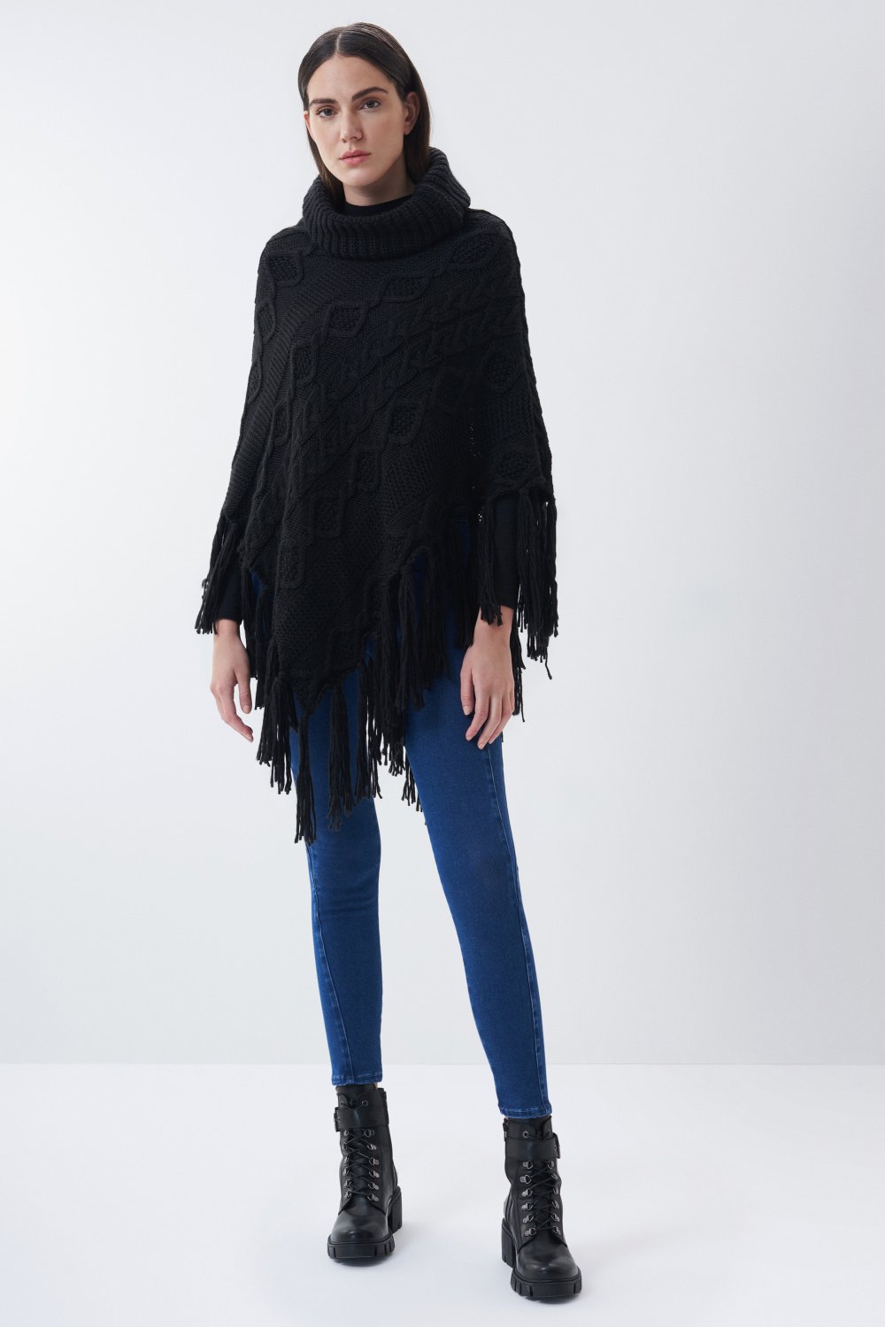 High neck knitted poncho, fringed - Salsa