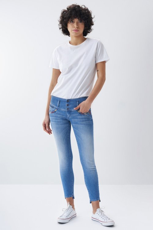 Cropped Push Up Mistery-Jeans, Skinny, mit Stickerei an der Tasche