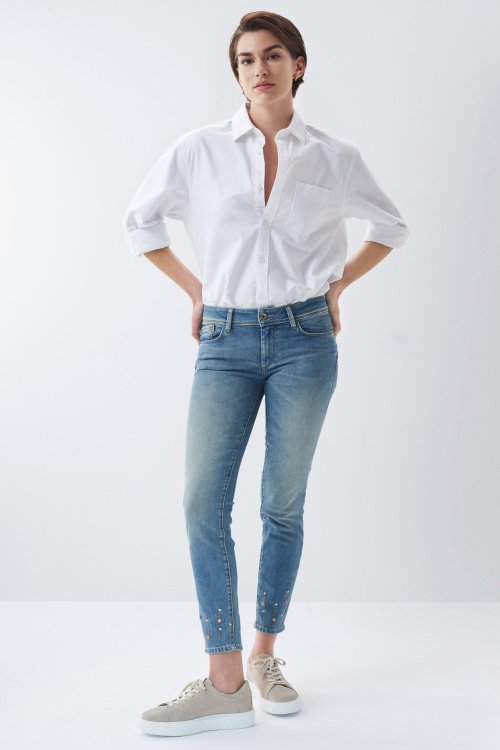 Cropped skinny Push Up Wonder jeans, light, with embroidery on the leg