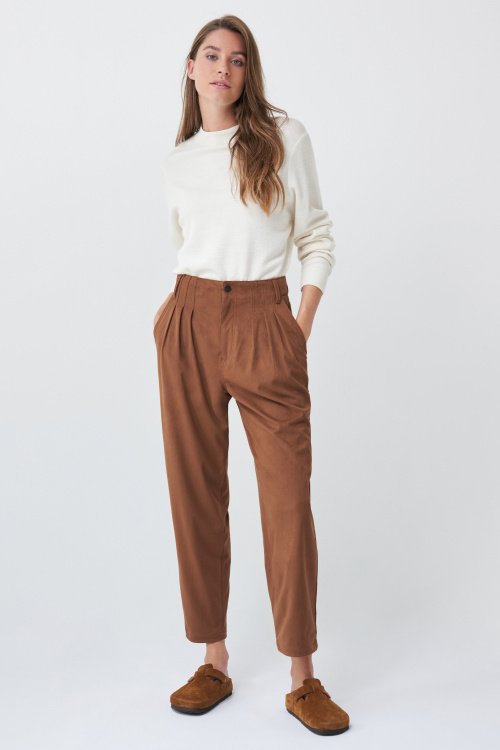 Camel suede baggy cropped trousers
