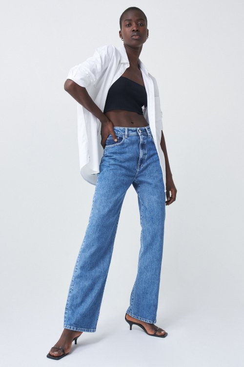 Jeans mit hoher Taille, weite Passform, mittlere Waschung