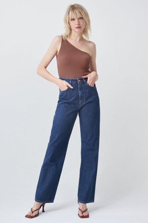 Jeans mit hoher Taille, Straight, dunkle Waschung