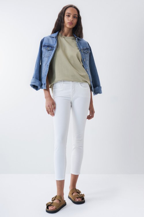 Weiße Cropped Push In Secret-Jeans, Skinny, mit Detail am Bund