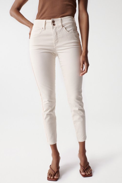 Cropped skinny Push In Secret jeans, unbleached, with ribbon on the side