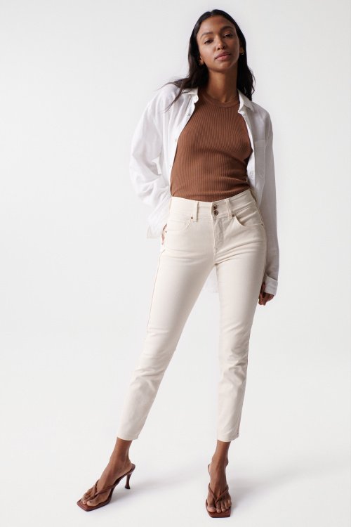 Cropped skinny Push In Secret jeans, unbleached, with ribbon on the side