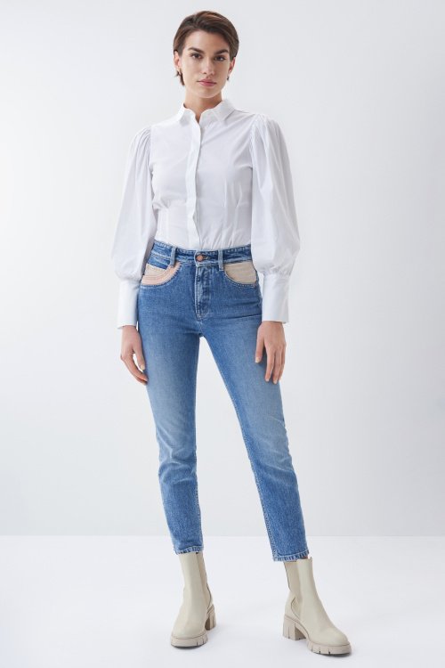 Cropped slim Secret Glamour jeans with colour mix detail