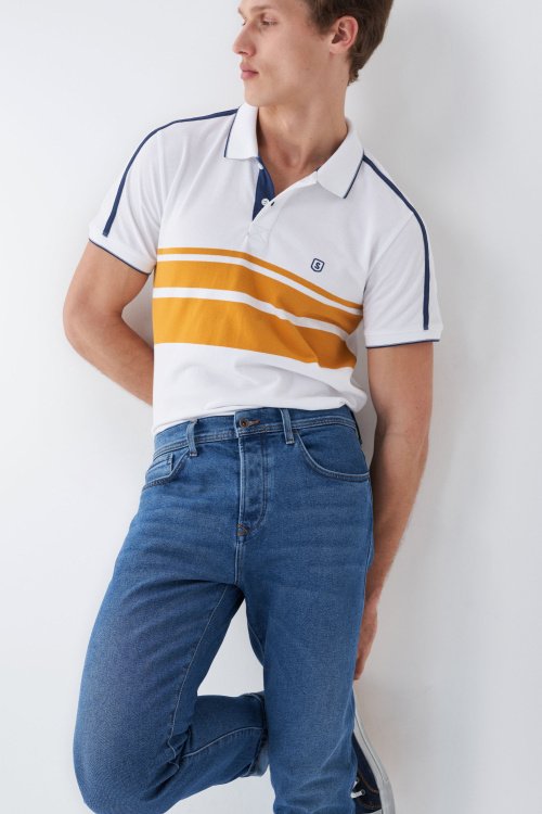 Polo shirt with stripes on the chest and sleeves