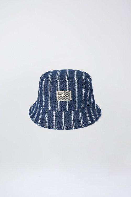 Denim hat with stripes