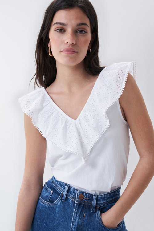 V-neck top with broderie anglaise ruffles