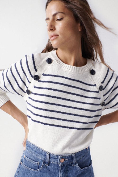 Striped knit jumper with buttons on the chest