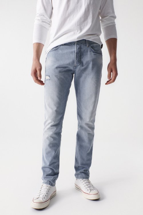Regular slim vintage effect jeans with rips