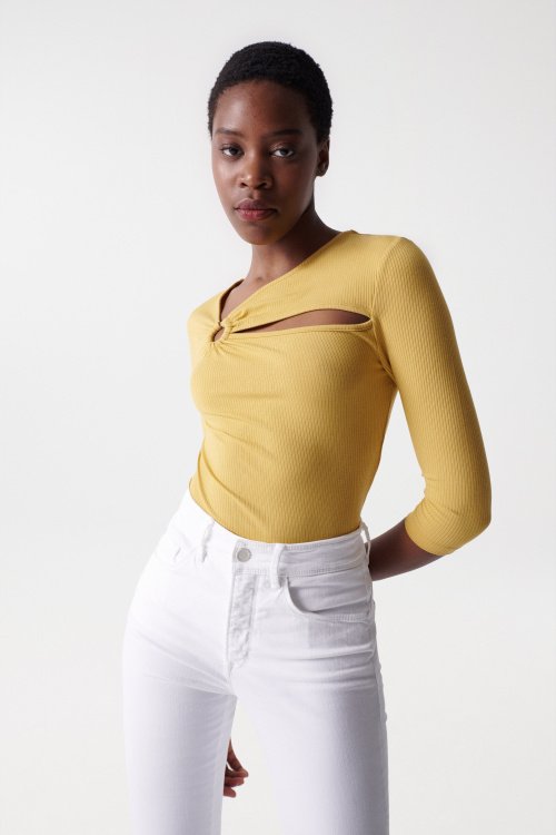 Ribbed knit top with V-shaped neckline