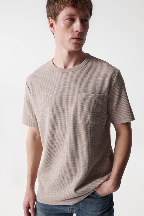 Beige textured t-shirt with pocket