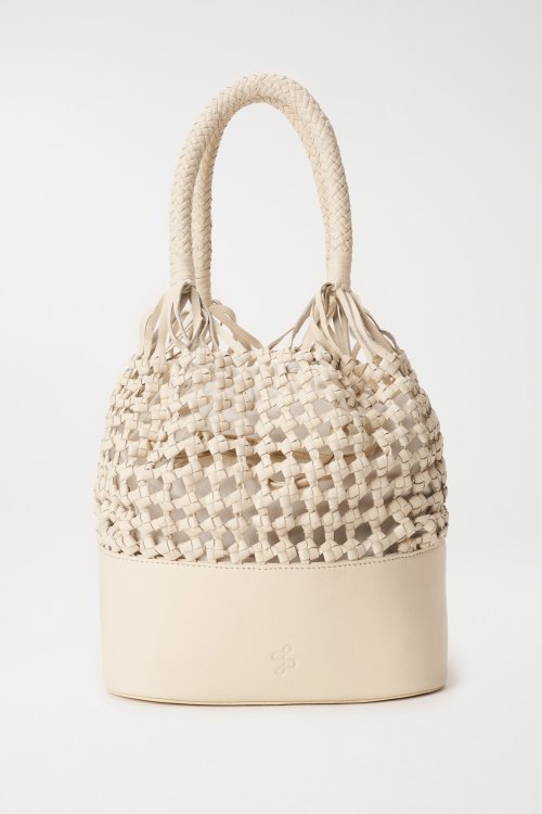 Leather handbag with woven effect