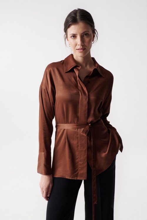 Satin-feel blouse with belt