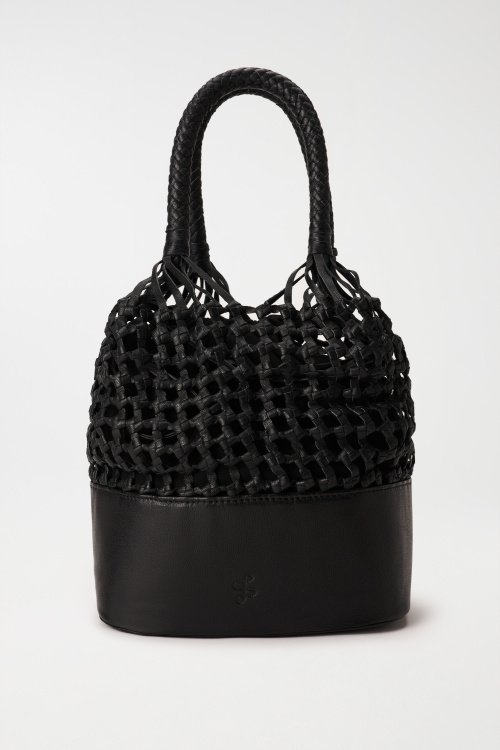 Leather handbag with woven effect