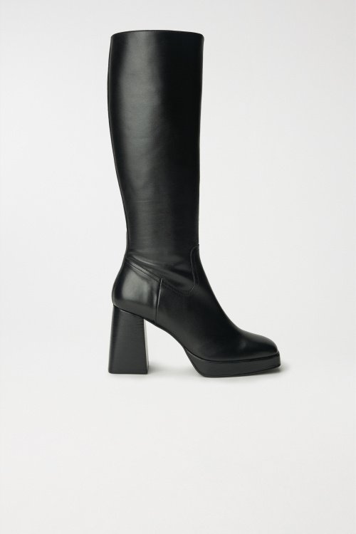 Leather Block Heel Knee-High, Black