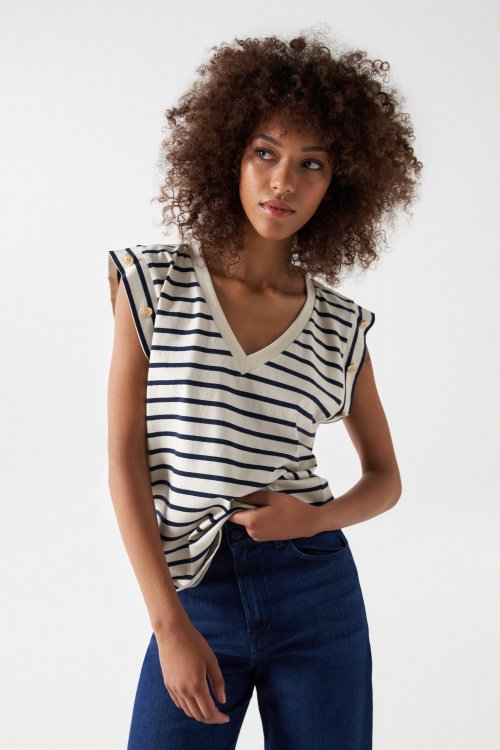 STRIPED T-SHIRT WITH GOLDEN BUTTONS