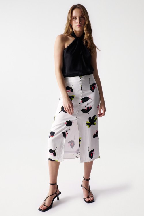 Satin-feel print midi skirt