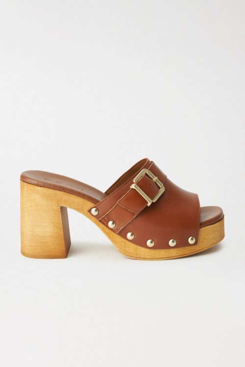 LEATHER CLOG SANDALS WITH BUCKLE AND GOLD APPLIQUS