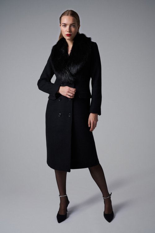 OVERCOAT WITH WOOL AND SYNTHETIC FUR COLLAR