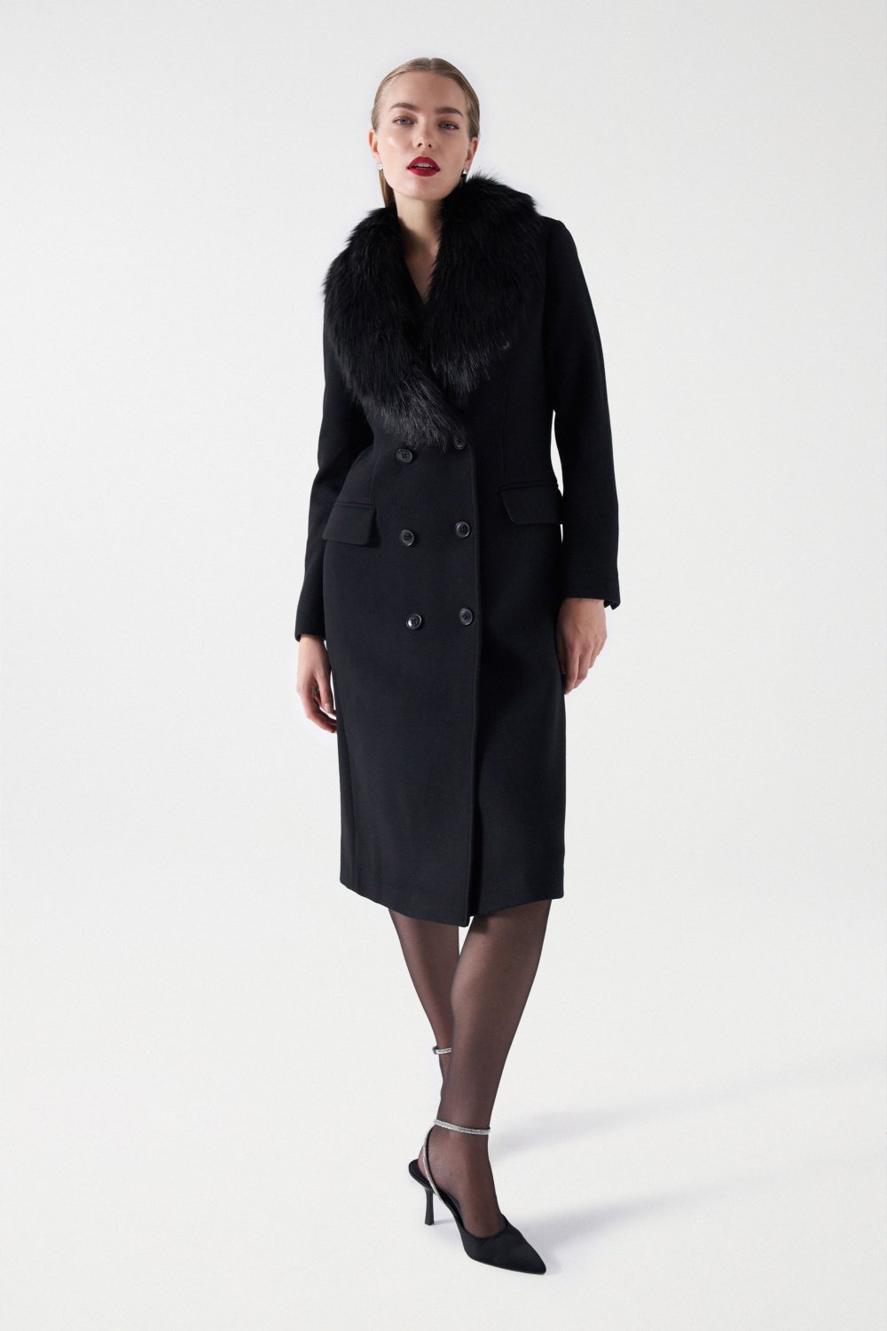 WOOL OVERCOAT WITH SYNTHETIC FUR COLLAR - Salsa