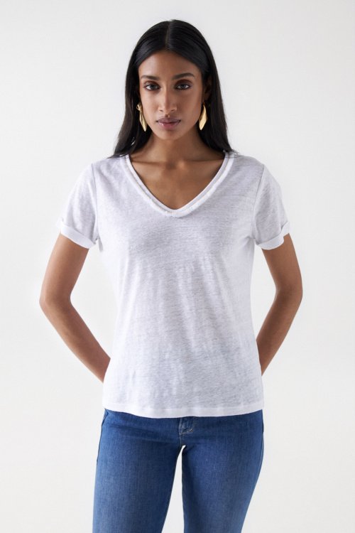 LINEN T-SHIRT WITH GLITTER DETAIL AND FRINGES