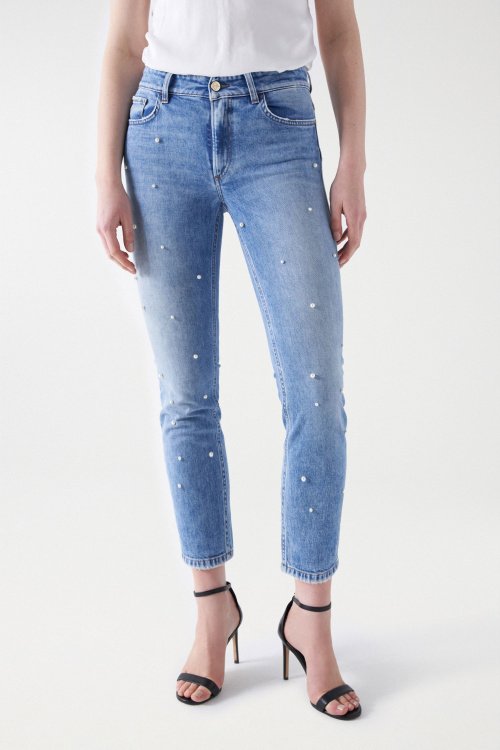 DESTINY PUSH UP CROPPED SLIM JEANS WITH PEARL DETAIL