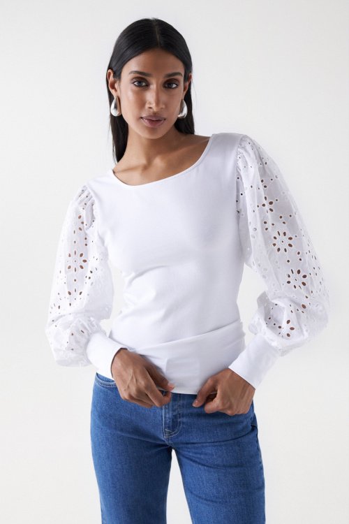SWEATER WITH ENGLISH EMBROIDERED SLEEVES