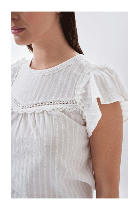 Top with ruffles and lace at neckline