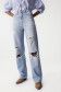High rise straight jeans, light colour, with rips